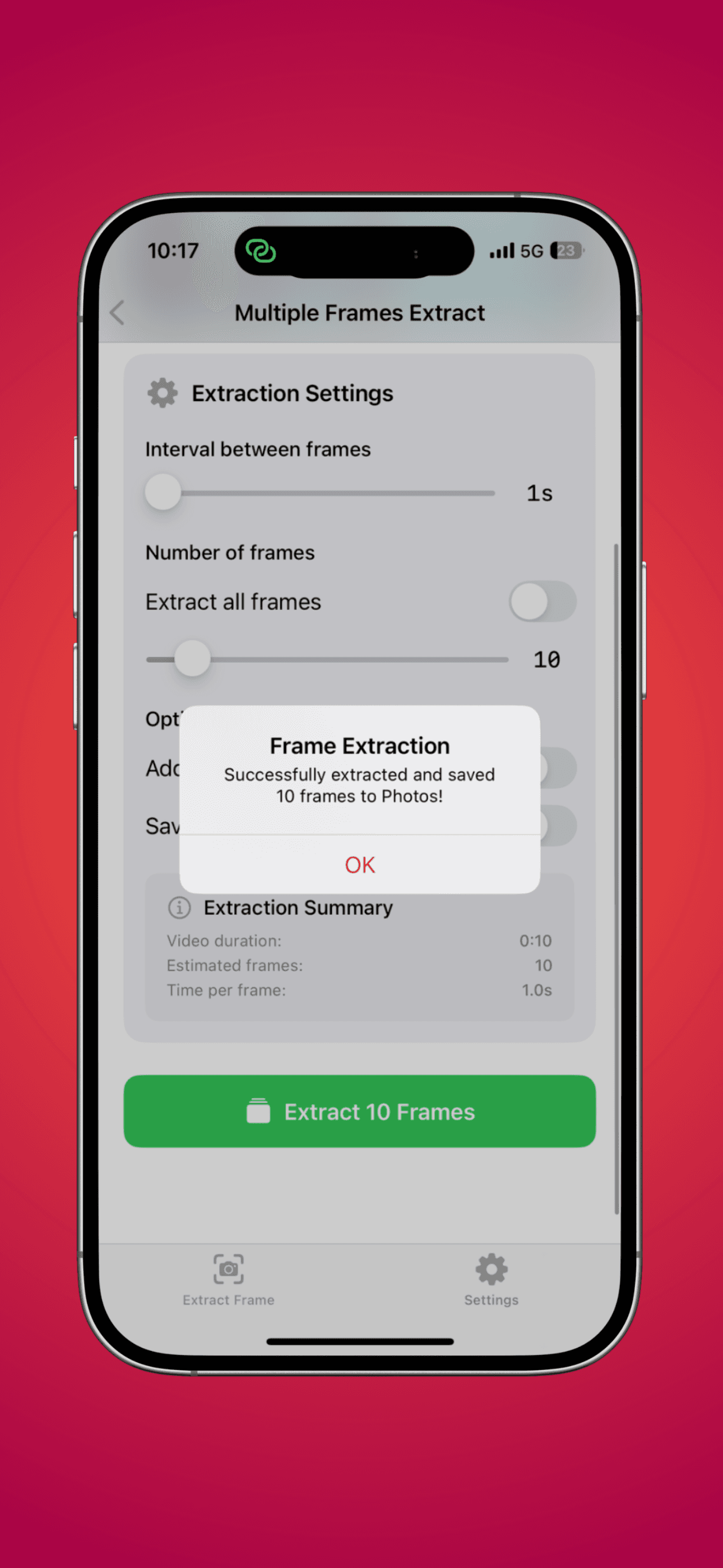Viewing extracted frames ready for download